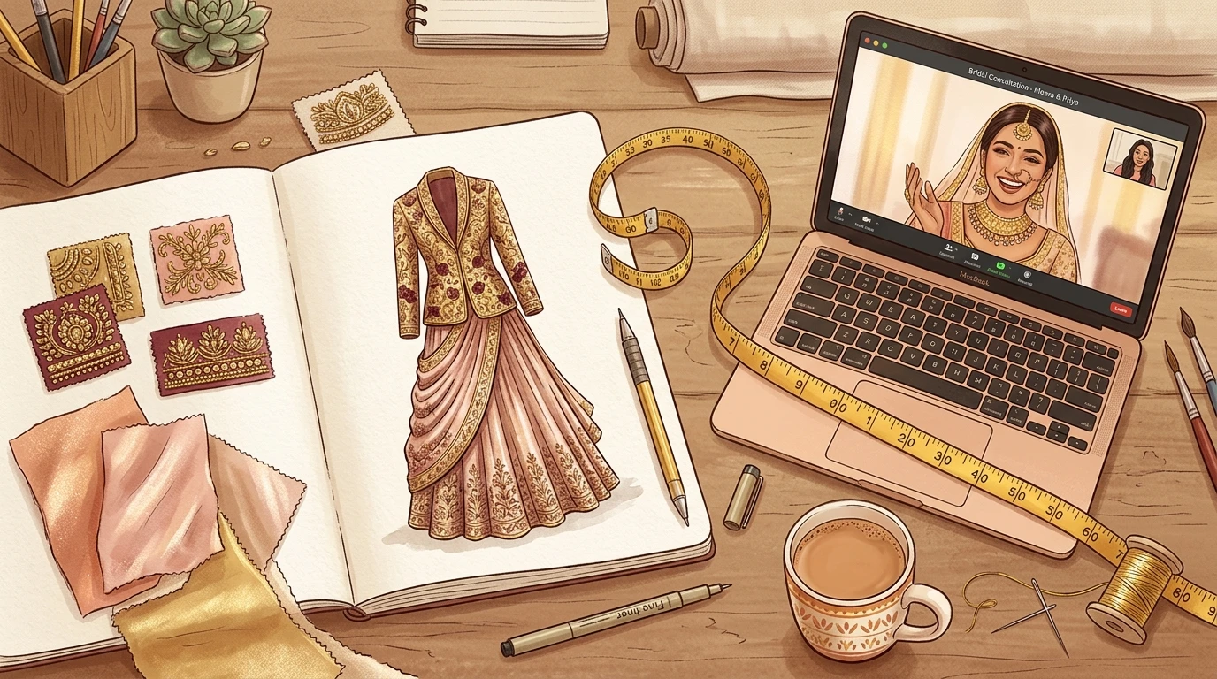 Designer’s workspace from above with sketchbook, blazer and skirt ensemble, swatches, embroidery samples, tape, laptop showing bride on video call