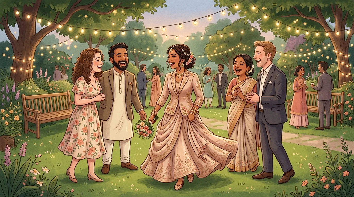 Bride in Indo-Western blazer and draped skirt laughing with diverse guests on garden lawn.