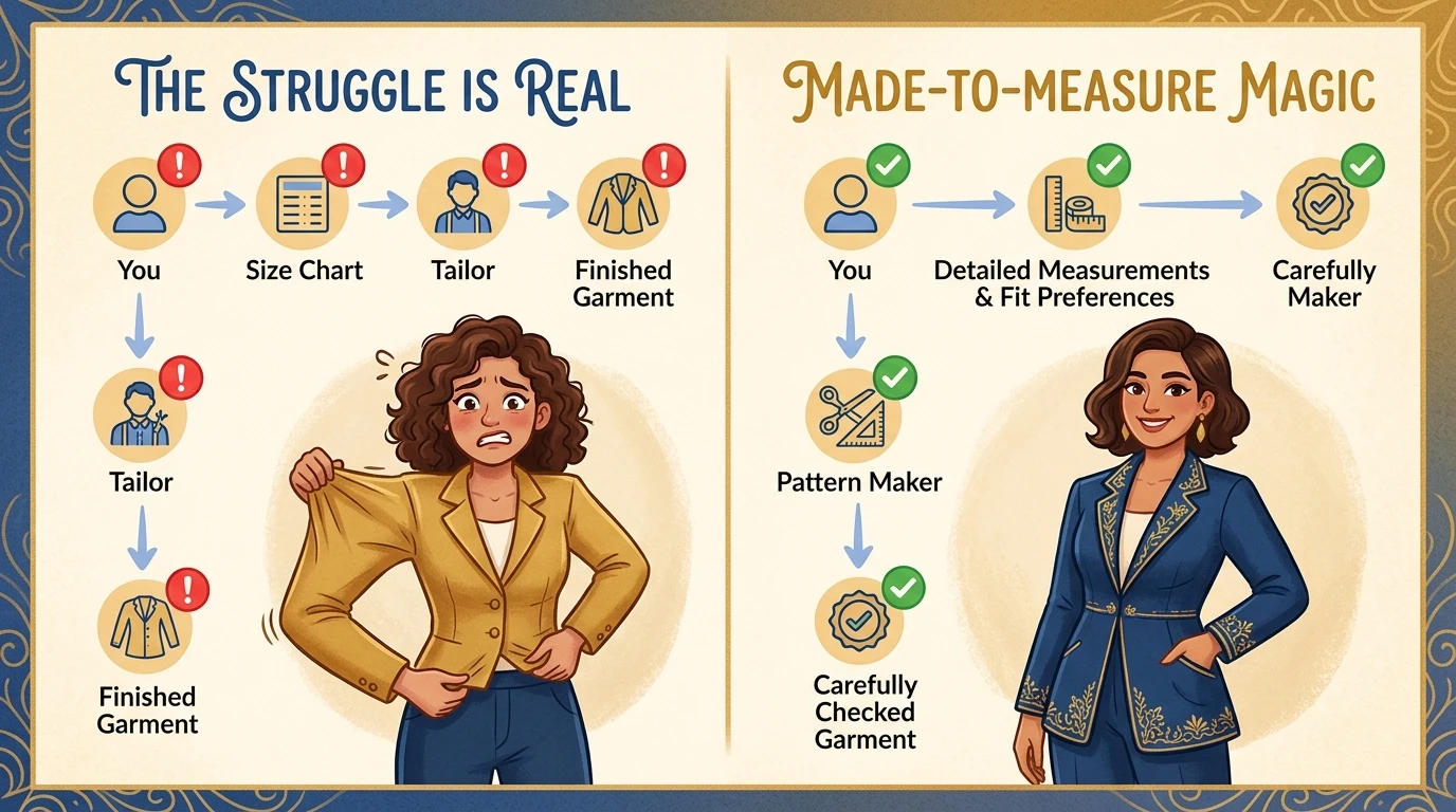 Two-panel diagram: flawed sizing flow with warning, updated measurement-driven process with fit success.