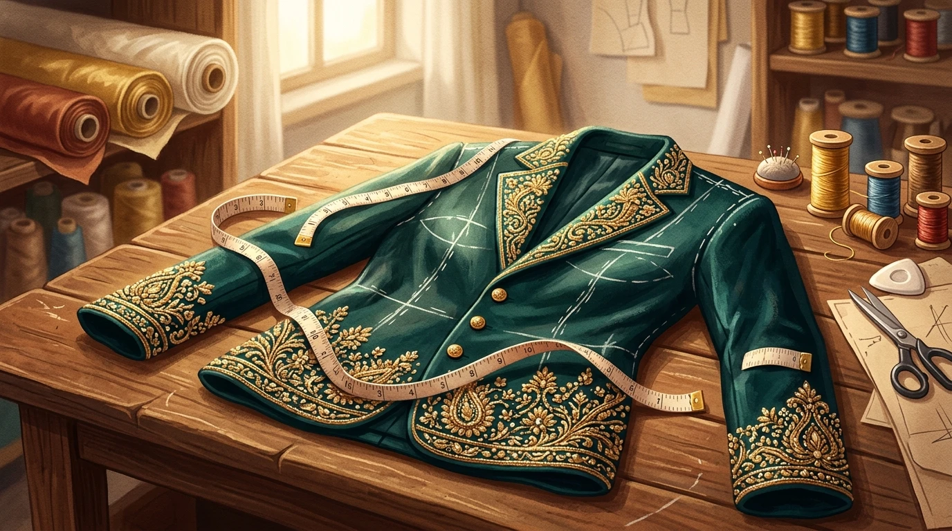 Tailor lays blazer flat; chalk markings, measuring tape, and subtle embroidery highlight craftsmanship.
