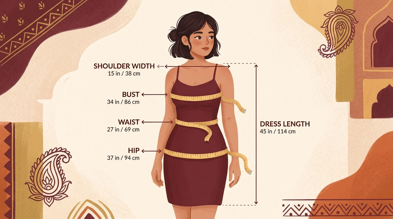 Female figure in slip with measuring tape around bust, waist, hips, shoulders, dress length.