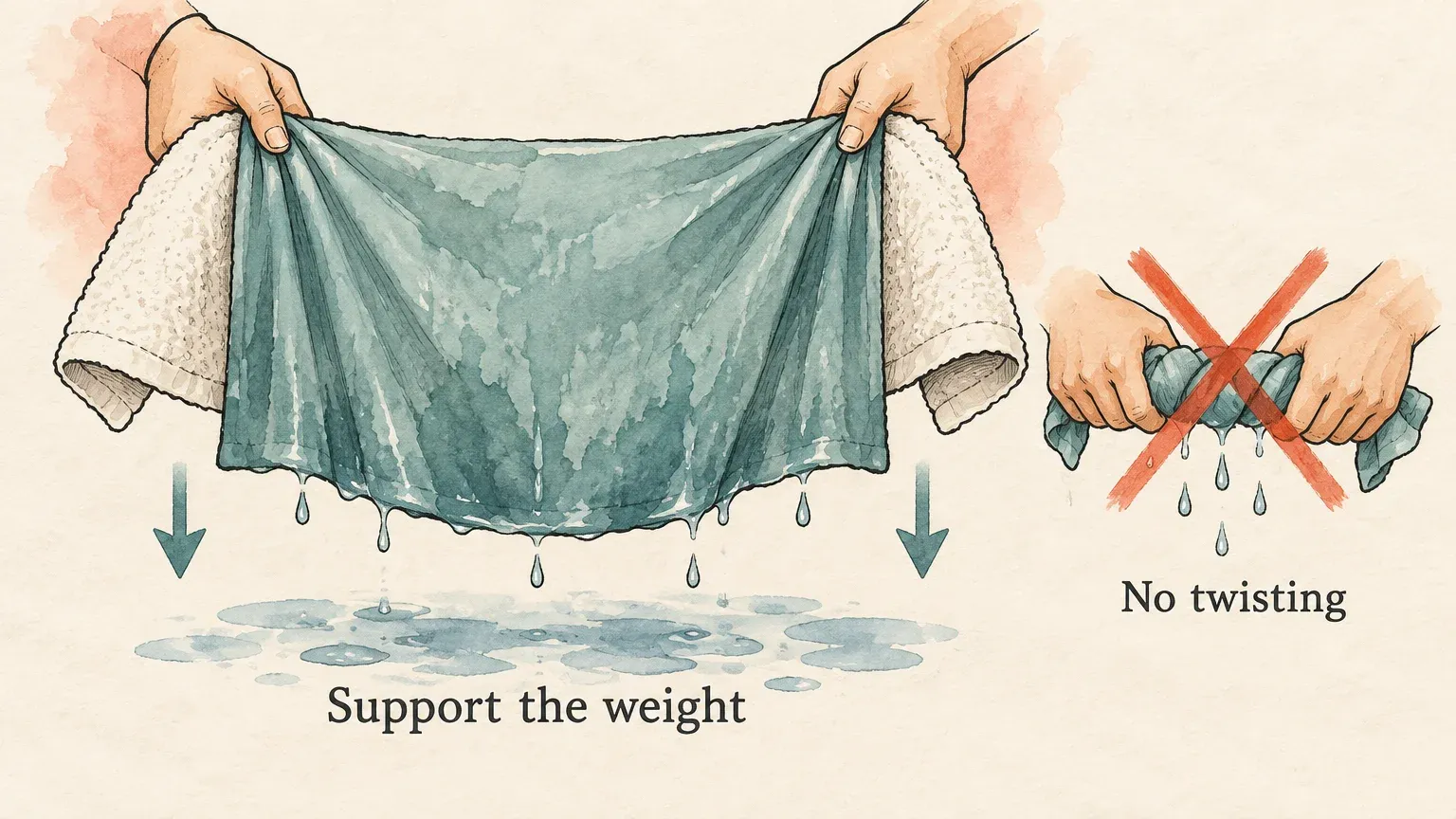 Hand-drawn hands holding wet fabric with a towel, beside a crossed-out twisting method.