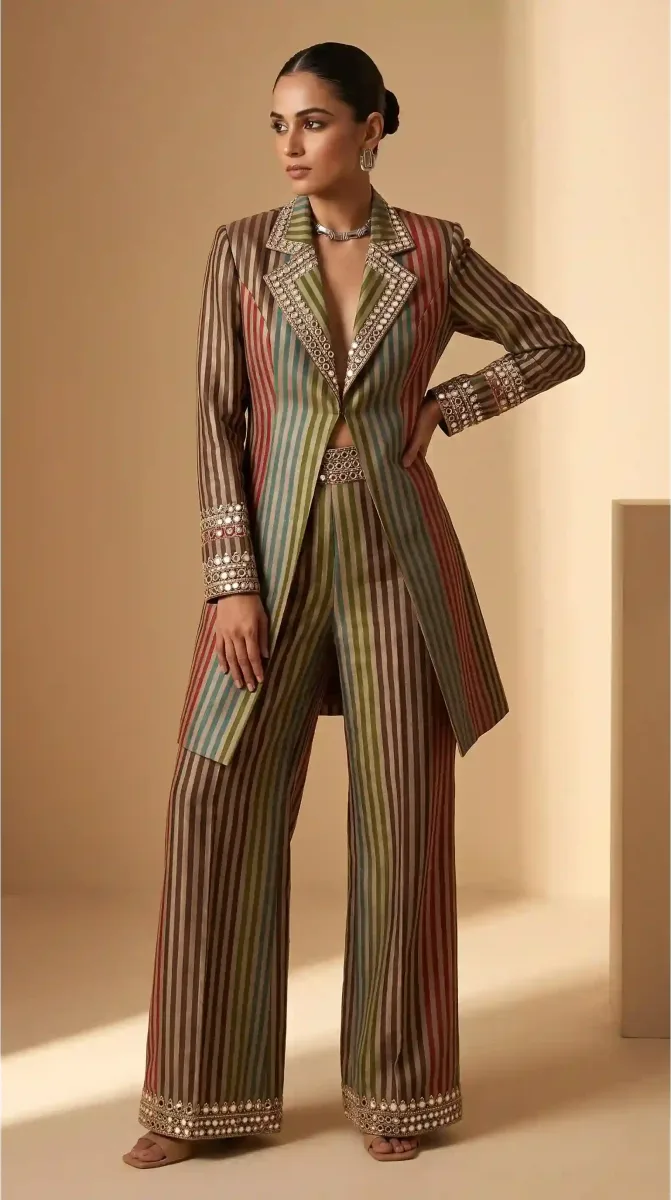 Model wearing a striped long blazer and matching wide-leg trousers with embellished lapels, cuffs and hems.