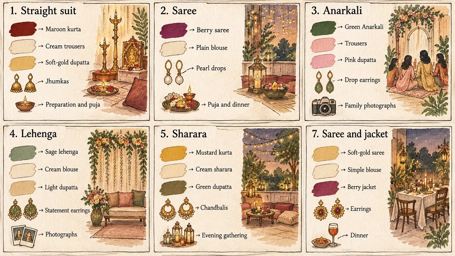 Six-panel Karwa Chauth outfit board with colour swatches, earrings, puja scenes, family seating and evening dining.