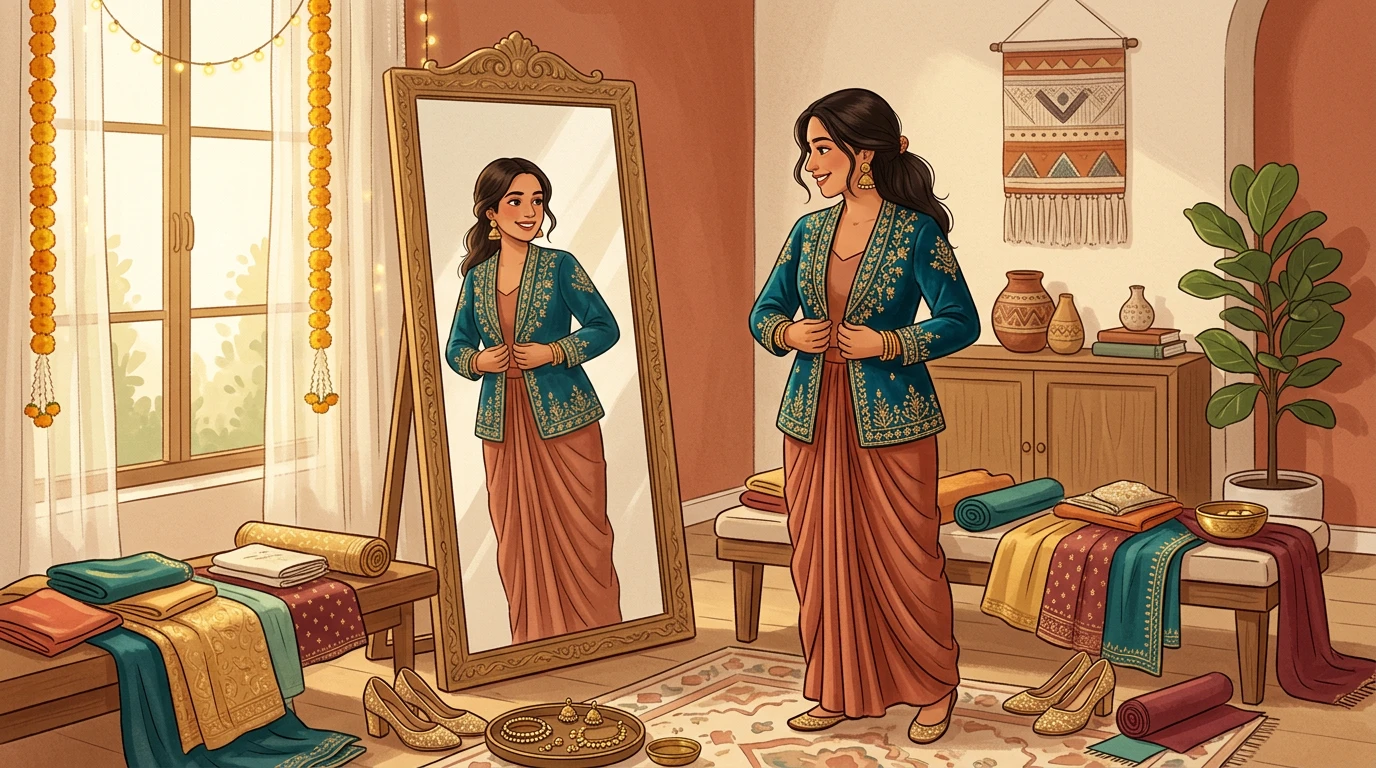 Modern Indian woman tries on zardosi blazer in mirror; swatches, jewelry, heels on bench.