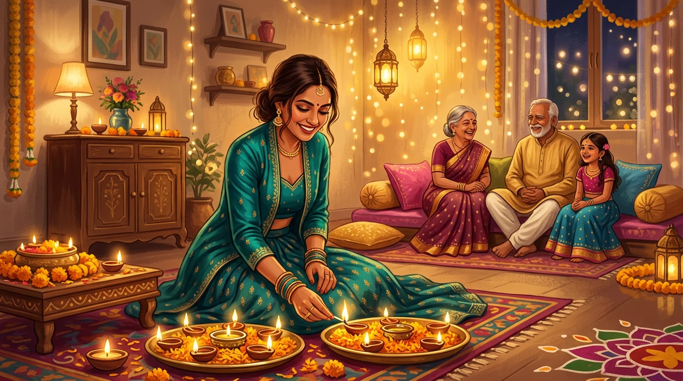 Woman lights diyas as family gathers on cushions inside cozy living room, festive atmosphere.