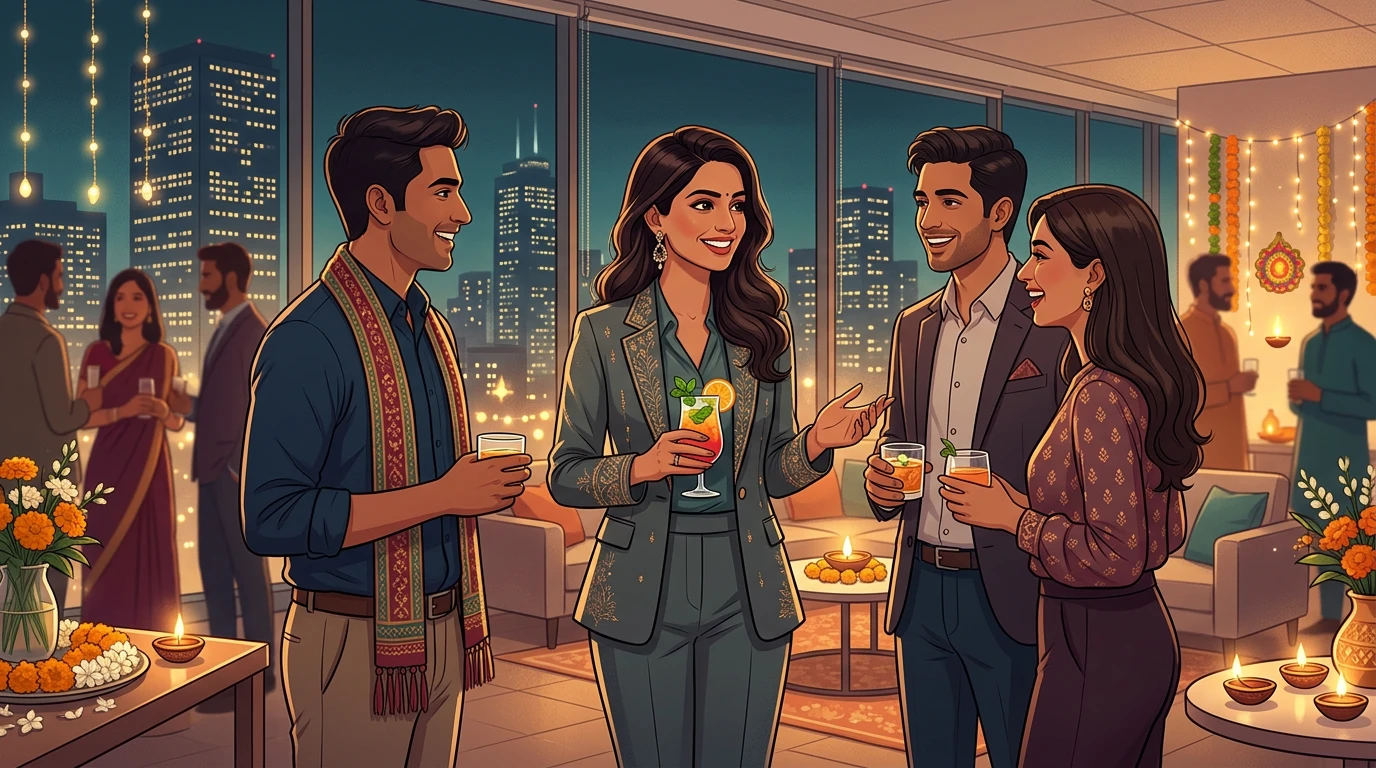 Woman in embellished blazer talks with colleagues, holding a mocktail at Diwali office party.