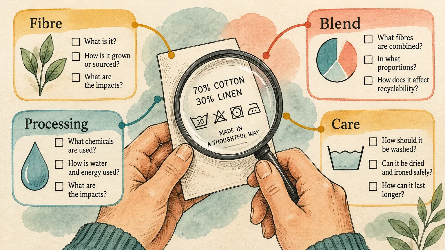 Hand-drawn hands inspect a clothing label with a magnifying glass, linked to fibre, blend, processing and care checklists.