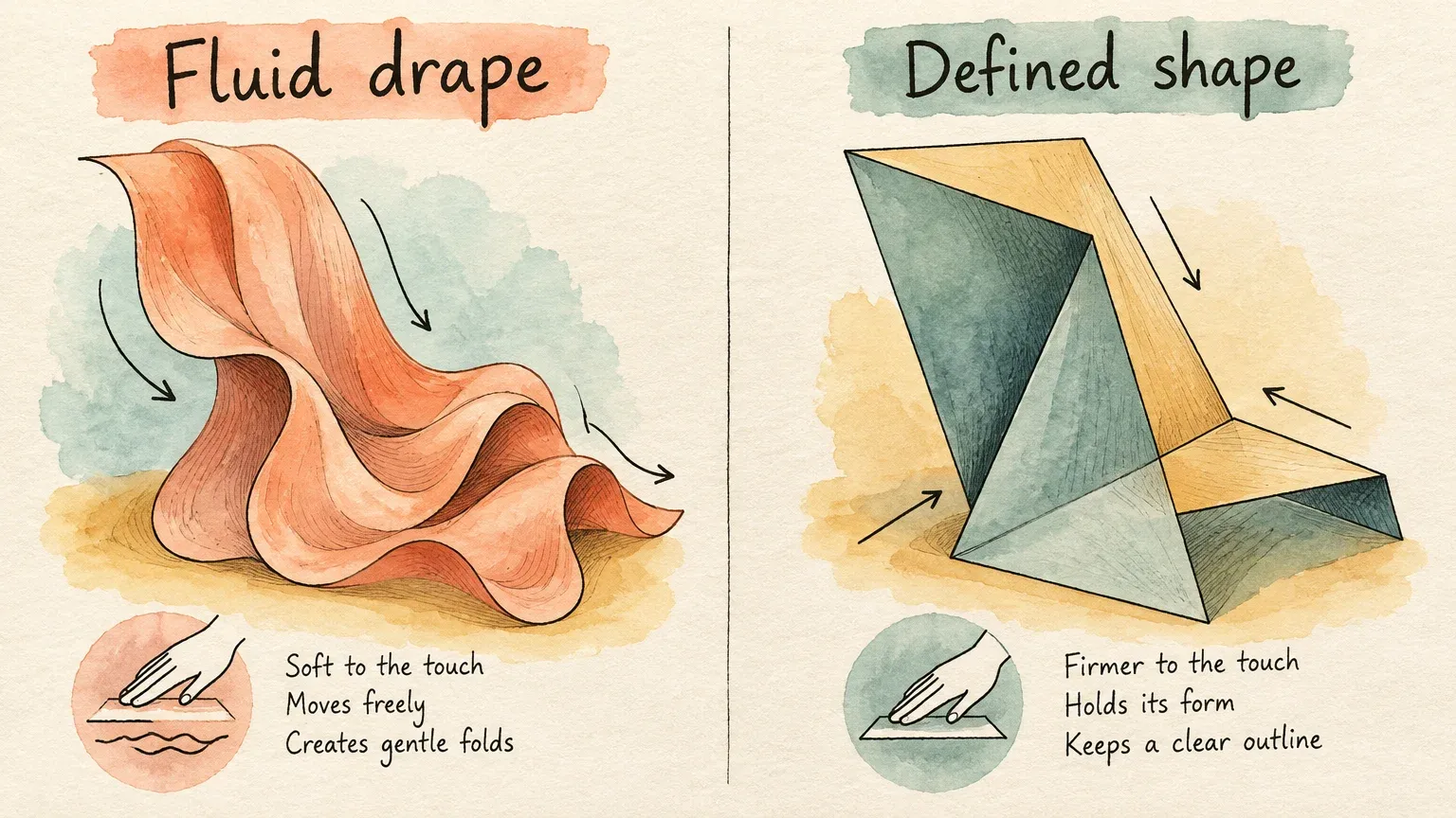 Ink-and-watercolour comparison of softly draping material and angular, defined folds, with arrows and touch icons.