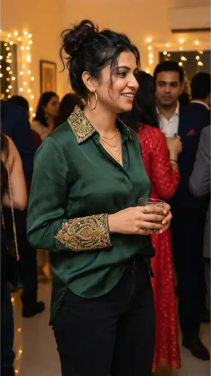 Woman wearing a dark green shirt with ornate gold embroidery on the collar and cuffs at an indoor gathering.