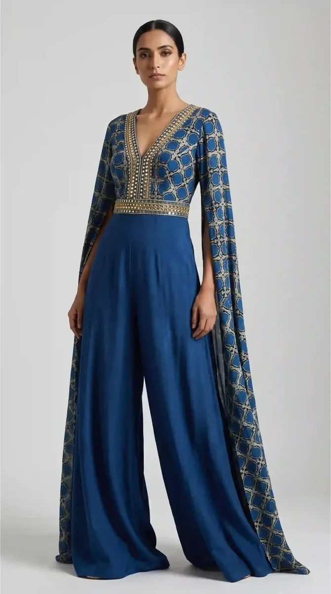 Blue wide-leg jumpsuit with a patterned bodice, embellished V-neck and waist, and floor-length split cape sleeves.