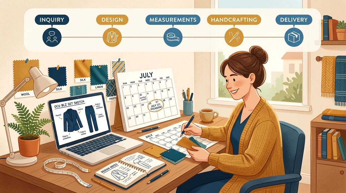 Woman plans occasion outfit at desk with calendar, measuring tape, swatches, laptop blazer sketch.