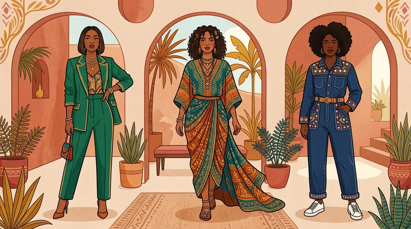 Three stylized figures stand side by side: blazer, flowing kaftan skirt, denim jumpsuit with mirrors.