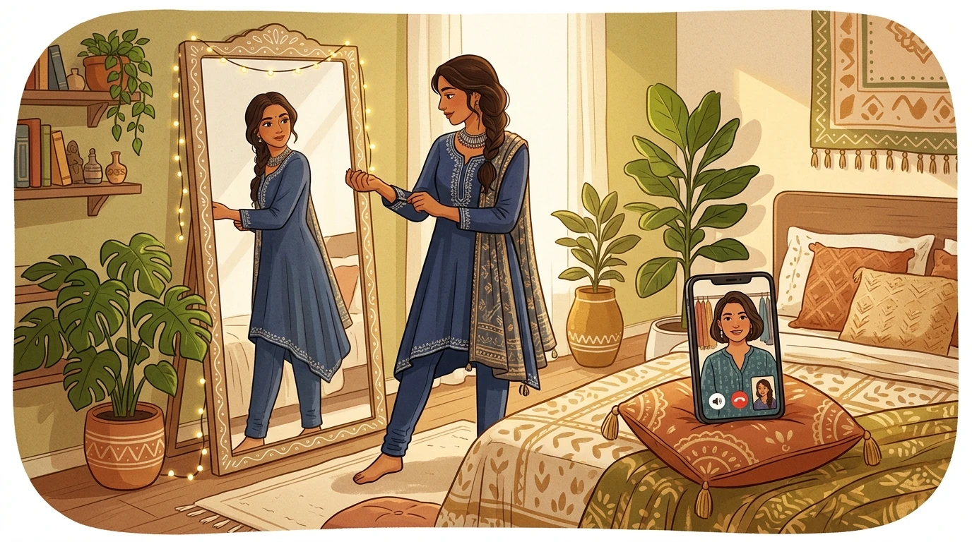 Woman tries on Indo-Western outfit at home, checks sleeve/hem lengths before mirror during video call with stylist.