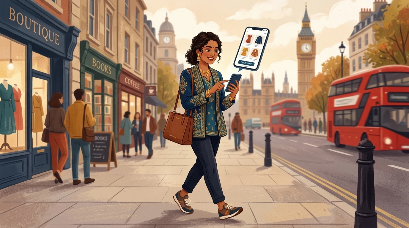 Stylish South Asian woman walks London street, shops online on her phone, background hints UK.