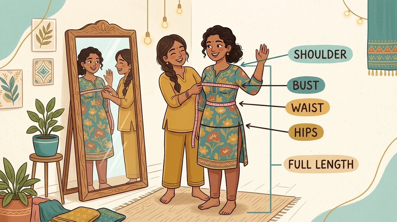 South Asian woman stands before mirror while friend measures bust and waist; labels bust, waist.