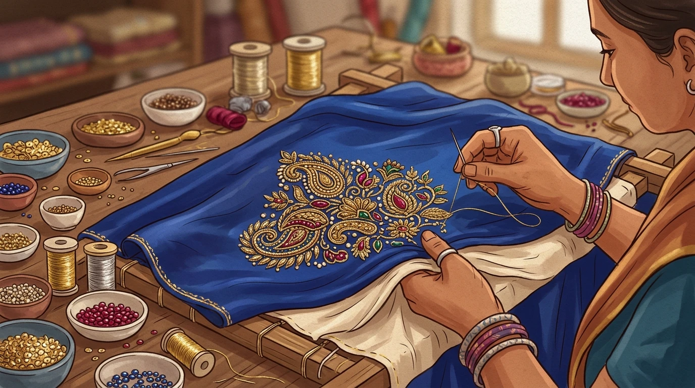 Karigar handles embroidered fabric; threads and beads scattered, highlighting craftsmanship and texture.