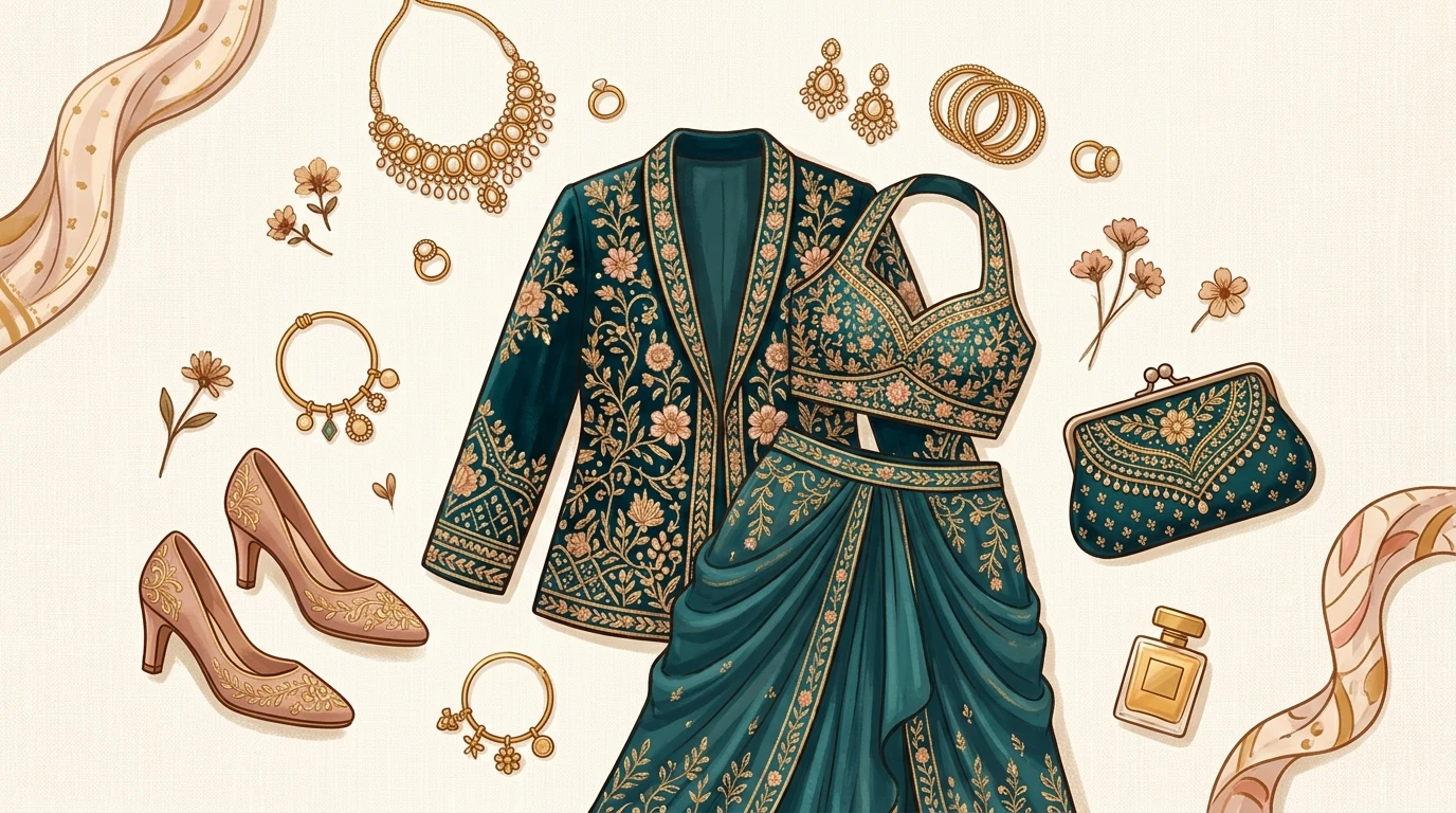 Flatlay of embroidered blazer set with blouse and skirt; jewelry, heels, and clutch around it.