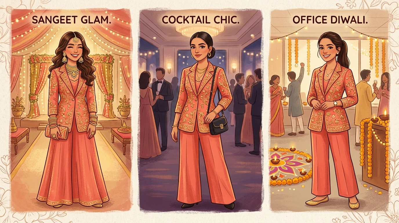 Three-panel illustration shows embroidered blazer set styled for sangeet, cocktail, and office Diwali.