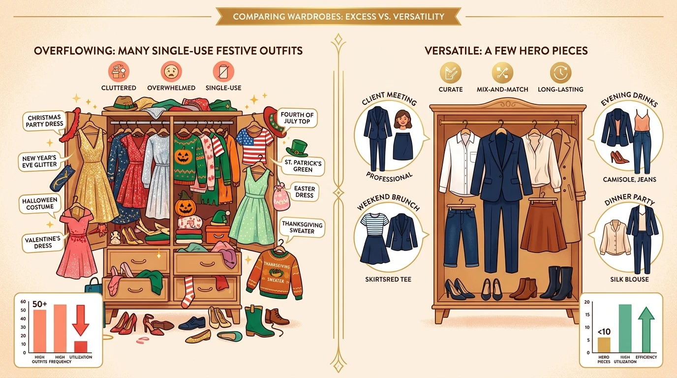 Two wardrobes: many single-use outfits vs versatile hero pieces; icons show multiple occasions.